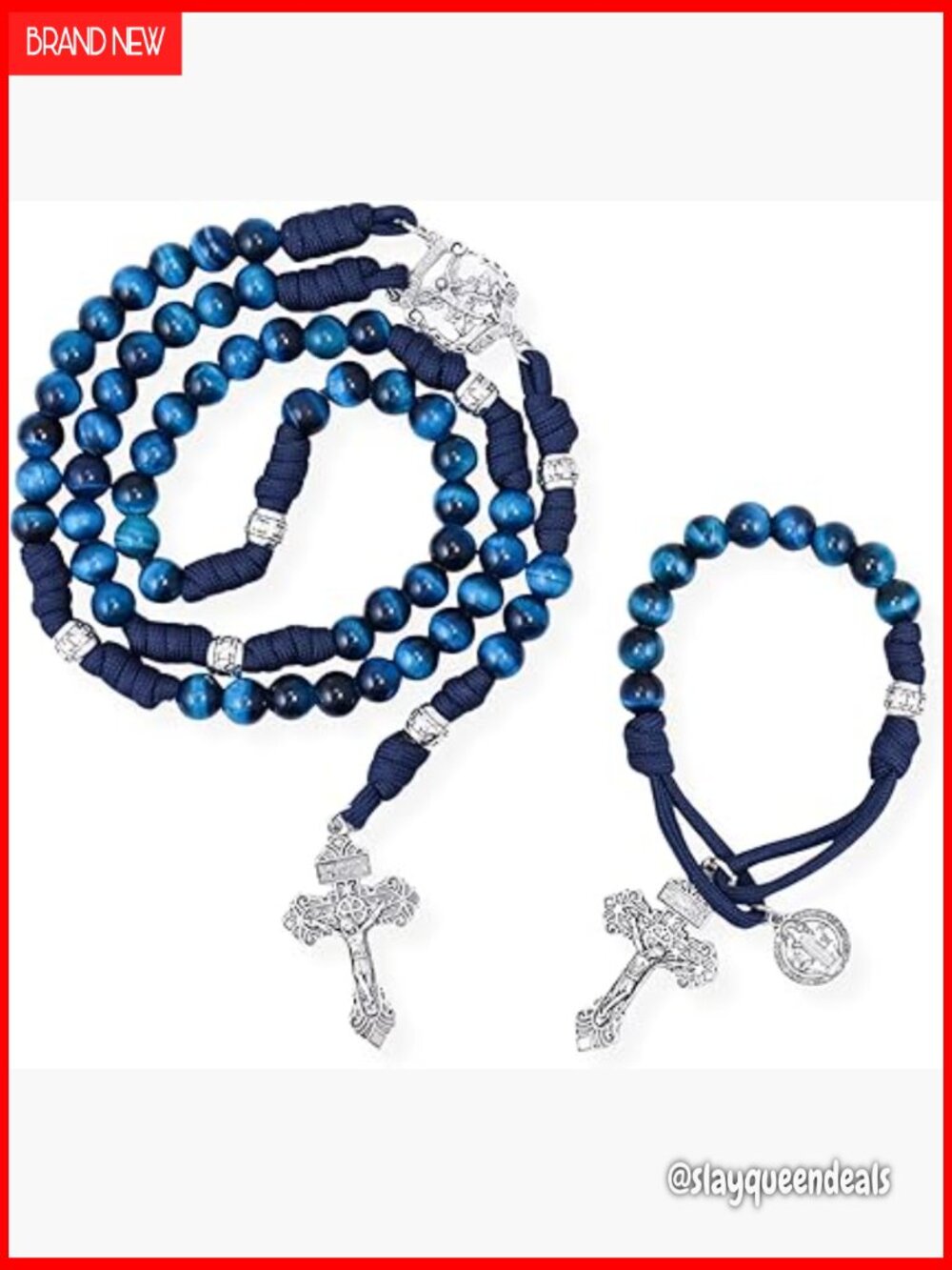 Heavy Duty Paracord Rosary Set Blue Tiger Eye Stone Catholic Pardon Crucifix